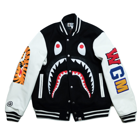 A Bathing Ape Monkey Shark Varsity Bomber Jacket - Black/White