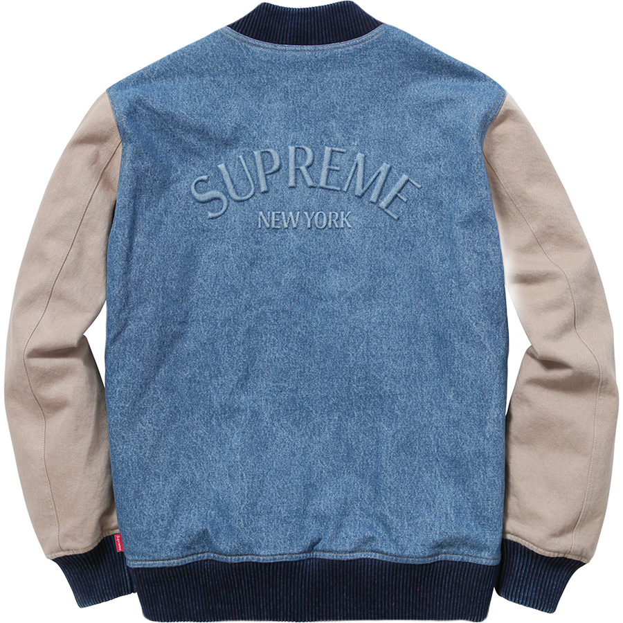 Supreme Embossed Denim Varsity Jacket - Blue/Tan (FW14)