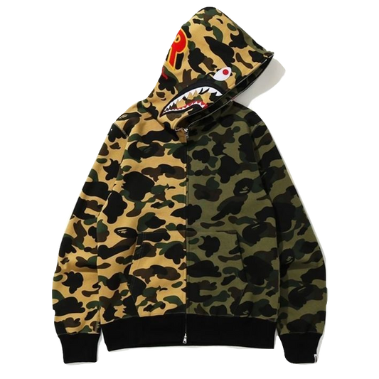 A Bathing Ape 1st Camo Half Shark Full Zip Hoodie PONR - Green/Yellow Camo