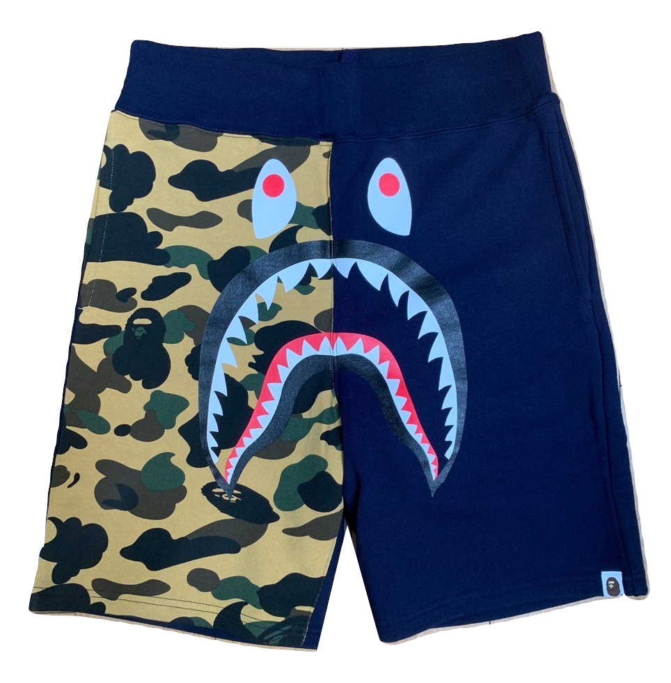 A Bathing Ape Shark Split Sweat Shorts - Navy/Yellow Camo