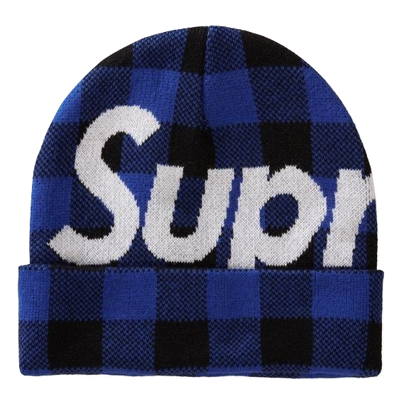 Supreme Big Logo Beanie - Blue Plaid - Used